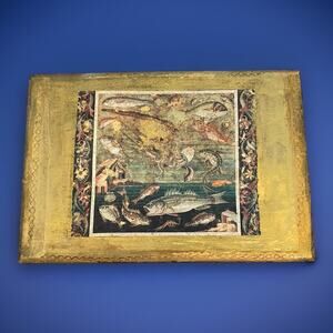 MCM Small Italian Florentine Wood Trinket Box Gold Pompeii Fish Mosaic Print